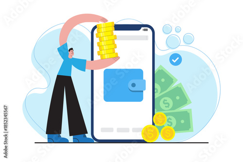 Flat vector illustration of digital wallet and mobile savings on smartphone. showing coins and cash online finance fintech payment solution smart money management and modern digital banking service