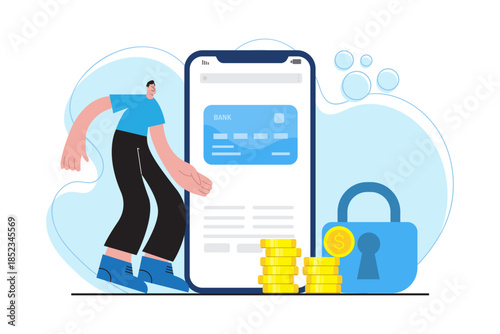 illustration of online banking with credit card displayed on smartphone and security lock icon. Represents secure digital payments, fintech business, mobile finance, and protected online transactions.