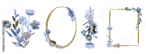 Rustic Blue Watercolor Floral Frame Set, Gold Geometric and Botanical Borders