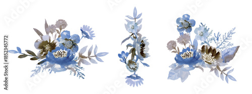 Blue Watercolor Flower Bouquets Collection, Rustic Botanical Design Set