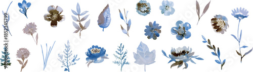 Blue Watercolor Floral Elements Set, Rustic Botanical Flowers and Leaves