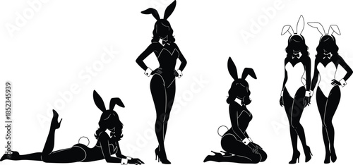 Sexy bunny girl silhouettes vector illustration set, pin up women poses in bunny costume, glamorous retro style, fashion party nightlife design elements
