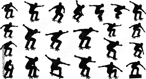 Skateboarder jump silhouettes collection, extreme skateboarding trick poses in motion, black vector illustration for street sport, youth culture, action, urban lifestyle design