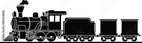 Steam locomotive train silhouette vector illustration, vintage railway engine with coal tender and cargo wagons, classic rail transport design, industrial transportation concept