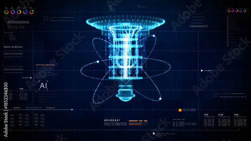 Futuristic quantum computer processor wireframe with AI data analysis interface. Digital HUD technology background for science, big data, and neural networks. 3D Rendering