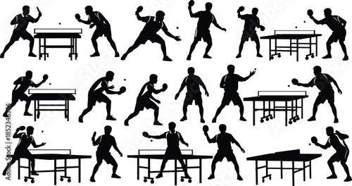 Table tennis player silhouettes set, ping pong sport actions and poses collection, competitive match scenes, athletes movement, black flat vector illustration, isolated on white