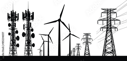 Telecommunication towers, wind turbines, and high voltage transmission pylons silhouette illustration, modern energy and communication infrastructure concept, industrial power grid vector landscape
