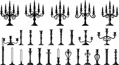 Vintage candle holders and candelabras silhouettes, black vector illustration set for classic decor, gothic interior, luxury lighting, antique ornament design