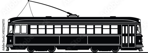 Vintage electric streetcar tram silhouette vector illustration, classic urban public transportation design, retro rail vehicle side view, black and white city transit artwork