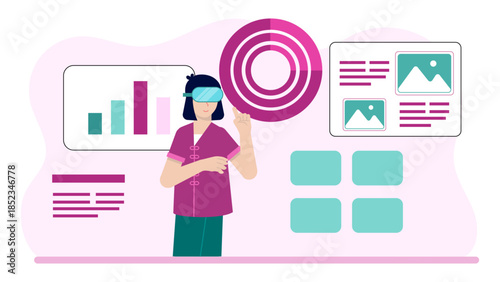 Corporate Team Using Augmented Reality for Data Visualization. Flat Vector Illustration
