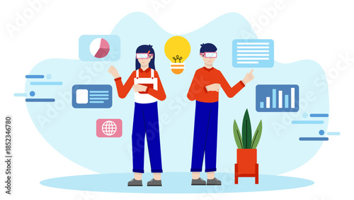 Corporate Team Using Augmented Reality for Data Visualization. Flat Vector Illustration