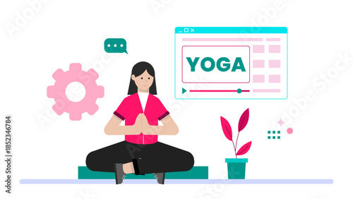 Remote Yoga Instructor Leading an Online Class. Flat Vector Illustration
