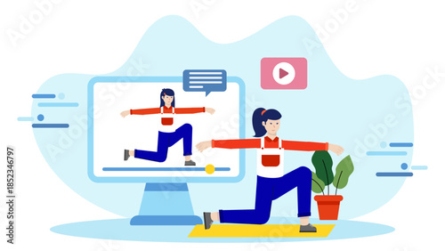 Remote Yoga Instructor Leading an Online Class. Flat Vector Illustration
