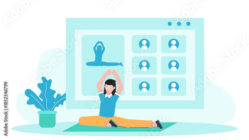 Remote Yoga Instructor Leading an Online Class. Flat Vector Illustration