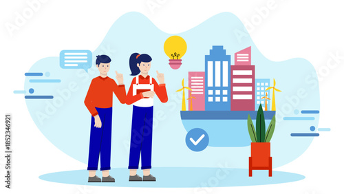 Green Architecture Firm Designing Eco-Friendly Buildings. Flat Vector Illustration