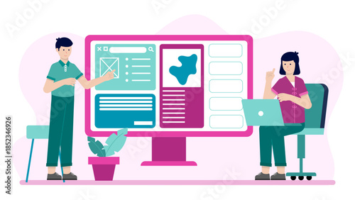 Digital Asset Management Team Organizing Media Library. Flat Vector Illustration