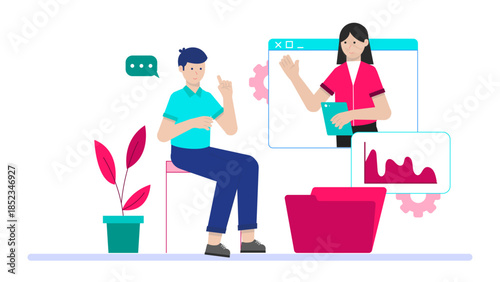 Digital Asset Management Team Organizing Media Library. Flat Vector Illustration