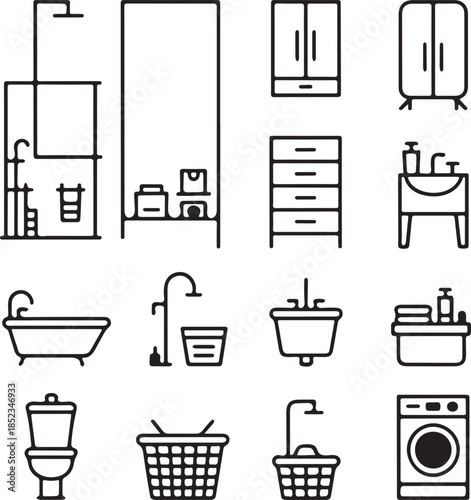 Bathroom and laundry interior line icon set with sink, shower, bathtub, storage cabinet, toilet and washing machine