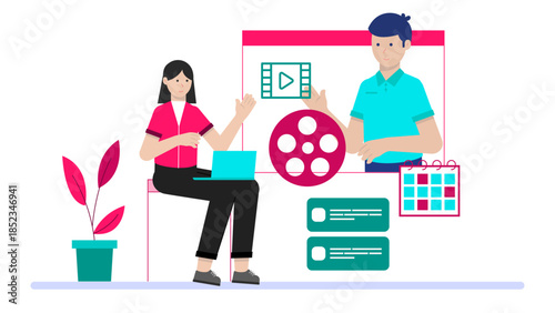 Remote Film Crew Collaborating on Pre-Production. Flat Vector Illustration