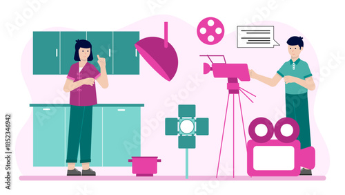 Remote Film Crew Collaborating on Pre-Production. Flat Vector Illustration