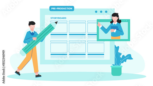 Remote Film Crew Collaborating on Pre-Production. Flat Vector Illustration