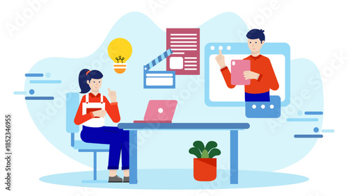 Remote Film Crew Collaborating on Pre-Production. Flat Vector Illustration