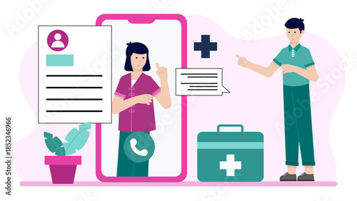 Telehealth Nutritionist Consultation. Flat Vector Illustration