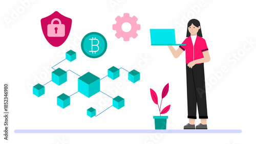 Blockchain Team Developing Smart Contracts. Flat Vector Illustration