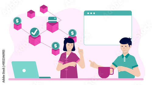 Blockchain Team Developing Smart Contracts. Flat Vector Illustration