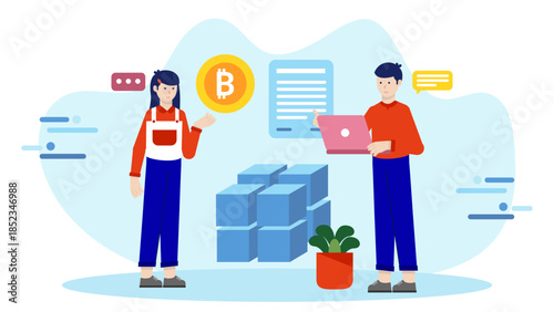 Blockchain Team Developing Smart Contracts. Flat Vector Illustration