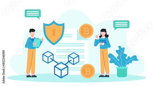 Blockchain Team Developing Smart Contracts. Flat Vector Illustration