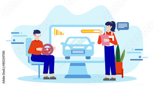 Remote Car Dealership Offering Virtual Test Drives. Flat Vector Illustration