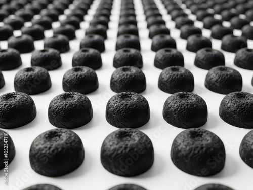 A large number of small, dark, textured objects arranged in perfect rows creating a uniform pattern. Patterned black spheres on white surface