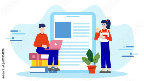 Digital Publishing Team Creating Interactive eBooks. Flat Vector Illustration