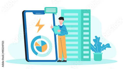 Smart Office Building Managing Energy Consumption. Flat Vector Illustration