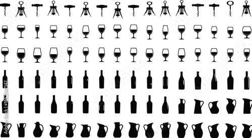 Wine accessories silhouettes set, corkscrews glasses bottles decanters pitchers collection, bar restaurant drinkware icons, black flat vector illustration, isolated design elements