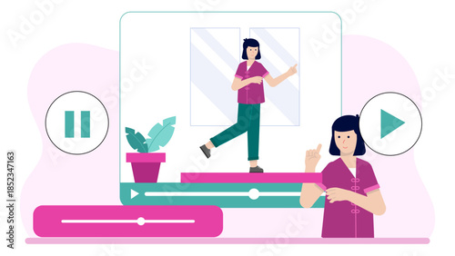 Virtual Dance Class with Motion Capture. Flat Vector Illustration