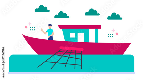 Sustainable Fishing Company Using Smart Nets. Flat Vector Illustration