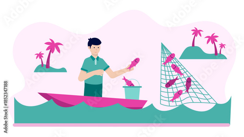 Sustainable Fishing Company Using Smart Nets. Flat Vector Illustration