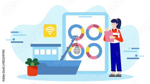 Sustainable Fishing Company Using Smart Nets. Flat Vector Illustration