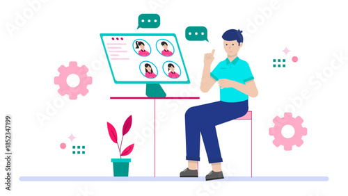 Online Therapy Group Session. Flat Vector Illustration