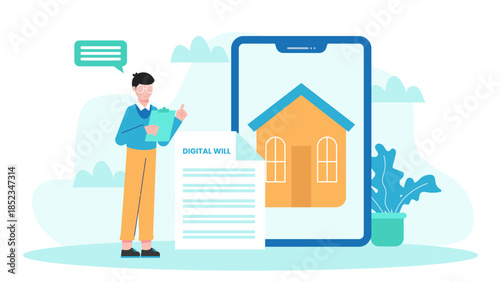 Digital Will and Estate Planning Service. Flat Vector Illustration