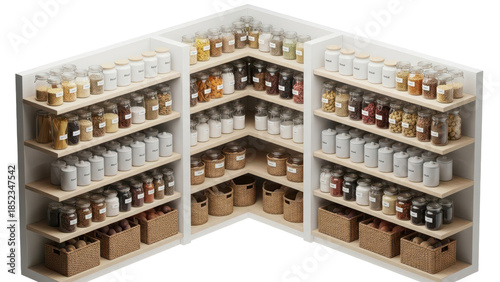 Isometric cutaway of a modern pantry with organized shelves containing jars and containers isolated on white background
