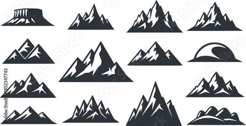 Mountain silhouette. Black outline minimal mountains shape for banner border and scenic backdrop. Isolated vector set, transparent background EPS version.