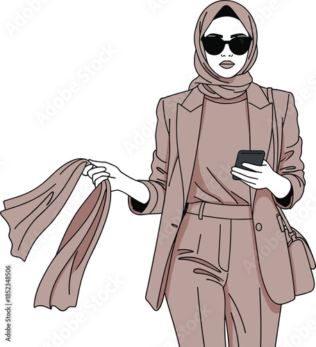 Stylish hijab fashion, modern modest wear, blazer outfit, sunglasses, scarf, smartphone, crossbody bag, illustration, trendy look, accessories