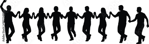 People dancing silhouettes holding hands, group celebration movement, joyful social activity concept, folk dance style, black flat vector illustration, isolated on white