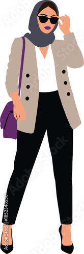 Stylish modest fashion, hijab outfit, beige blazer, black pants, sunglasses, shoulder bag, confident pose, illustration, accessories, elegance