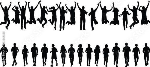 People jumping and running silhouettes set, happy crowd celebration and fitness motion, energetic group activity concept, black flat vector illustration, isolated on white