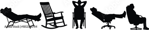 People relaxing on chairs silhouettes, sitting and reclining positions on different furniture, black vector illustration for rest, comfort, leisure, lifestyle, interior design concepts