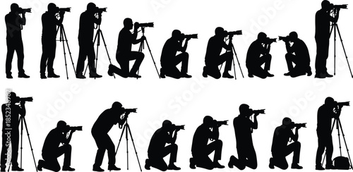 Photographer silhouettes collection, professional camera operators using tripods in various shooting poses, black vector illustration for photography, media, journalism, creative industry concepts